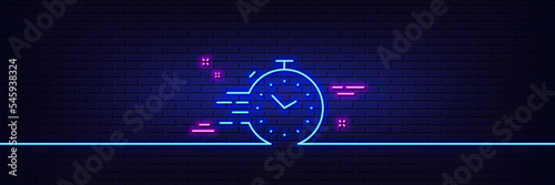 Neon light glow effect. Timer line icon. Time management sign. Stopwatch symbol. 3d line neon glow icon. Brick wall banner. Timer outline. Vector
