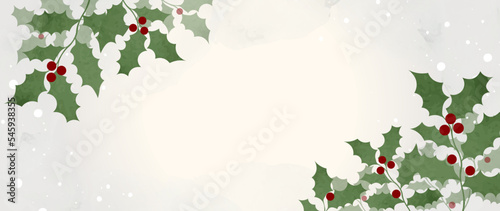 Watercolor Christmas winter background with green leaves and holly berries in the snow. Vector art artistic template for greeting cards, cover, flyer, postcard design, new year invitations, wedding.