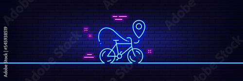 Neon light glow effect. Bike delivery line icon. Contactless order sign. Package delivery symbol. 3d line neon glow icon. Brick wall banner. Bike delivery outline. Vector