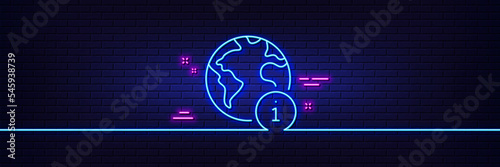 Neon light glow effect. Web information line icon. Internet info sign. Global inform symbol. 3d line neon glow icon. Brick wall banner. Internet outline. Vector