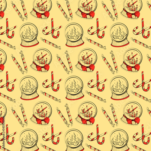 Christmas pattern on a yellow background with Christmas balls and sweets for printing