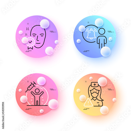 Nurse, Face verified and Vaccine protection minimal line icons. 3d spheres or balls buttons. User notification icons. For web, application, printing. Medical mask, Access granted, Vaccination. Vector