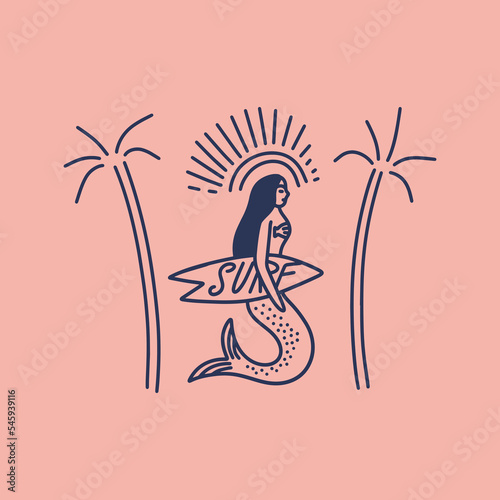 Vector doodle mermaid, sea and palm trees surf vector label clip art elements composition set. Cute ocean serena surfer girl isolated on color background. Vintage retro style.