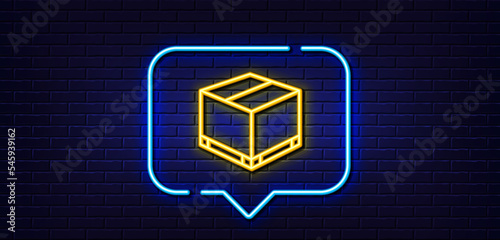 Neon light speech bubble. Parcel box line icon. Logistics delivery sign. Package tracking symbol. Neon light background. Delivery box glow line. Brick wall banner. Vector