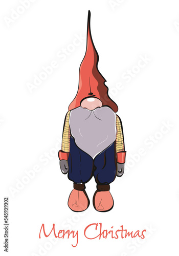 Christmas vector card with a cartoon dwarf in a big red hat. Christmas hero for cards and posters