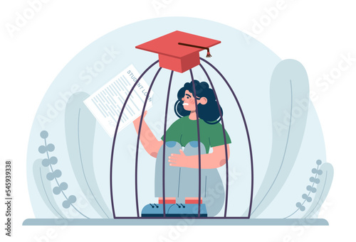 Education loan. Student characters paying debt for education.