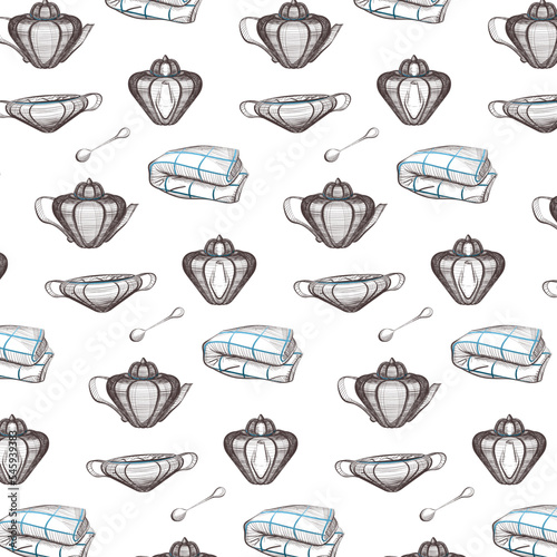 Winter pattern with seasonal attributes: teapot, teaspoon, blanket, sugar bowl