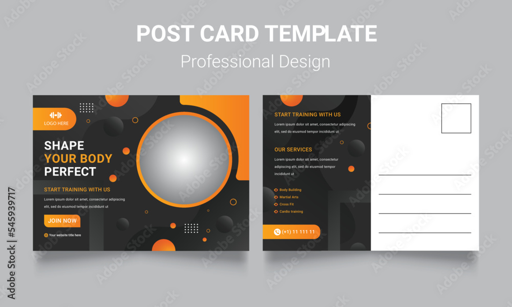 Fitness body Gym Postcard Design Template Fitness body Gym Postcard Design Template