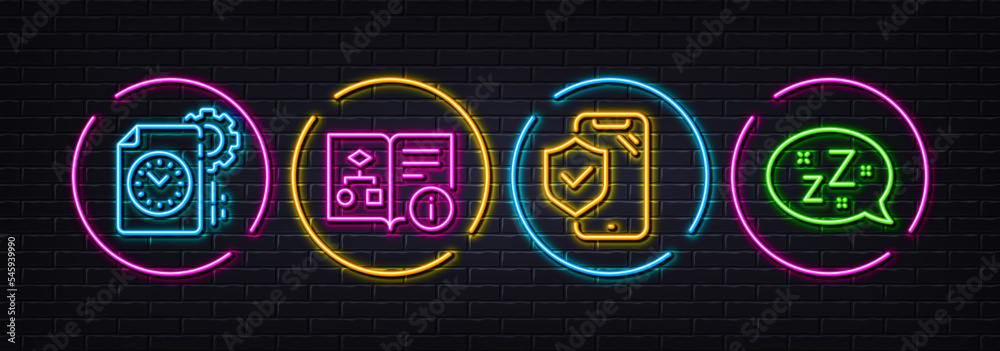 Technical algorithm, Project deadline and Phone insurance minimal line icons. Neon laser 3d lights. Sleep icons. For web, application, printing. Project doc, Time management, Full coverage. Vector