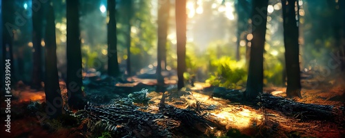 Dreamy summer background with a forest landscape. Trees during the summer season with warm sunlight. Beautiful nature scene 3d render