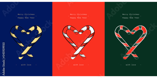 Set of New Year's cards on different backgrounds with a heart made of Christmas sweets