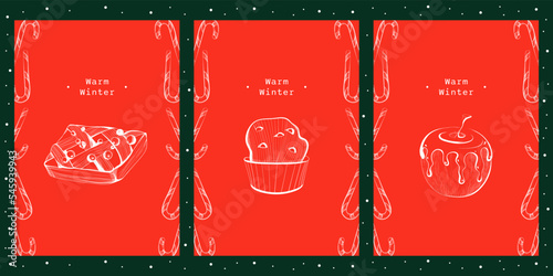 Set of New Year's cards with Christmas sweets: pie, baked apple, cupcake, with candy frame