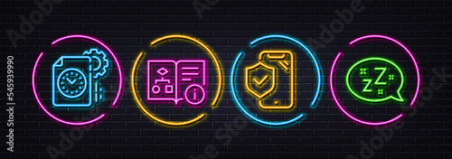 Technical algorithm, Project deadline and Phone insurance minimal line icons. Neon laser 3d lights. Sleep icons. For web, application, printing. Project doc, Time management, Full coverage. Vector