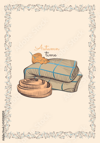 Autumn postcard with a bun, a blanket and a leaf in a square frame made of leaves. Printing of postcards