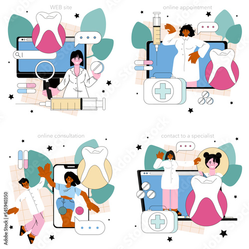 Dentist online service or platform set. Dental doctor in
