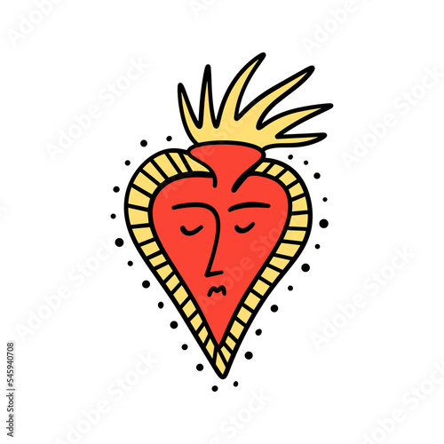 Bizarre burning Valentines day heart modern abstract face. Groovy emoji heart shape. Funky hippie mad weird 60s 70s sixties retro cartoon doodle style trendy fashion art. Illustration isolated on