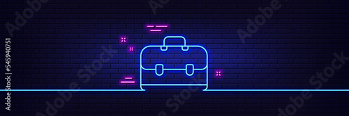 Neon light glow effect. Business case line icon. Portfolio symbol. Diplomat sign. 3d line neon glow icon. Brick wall banner. Portfolio outline. Vector