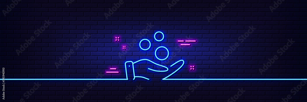 Neon light glow effect. Donation money line icon. Money savings sign. Donate cash symbol. 3d line neon glow icon. Brick wall banner. Donation money outline. Vector Neon light glow effect. Donation money line icon. Money savings sign. Donate cash symbol. 3d line neon glow icon. Brick wall banner. Donation money outline. Vector