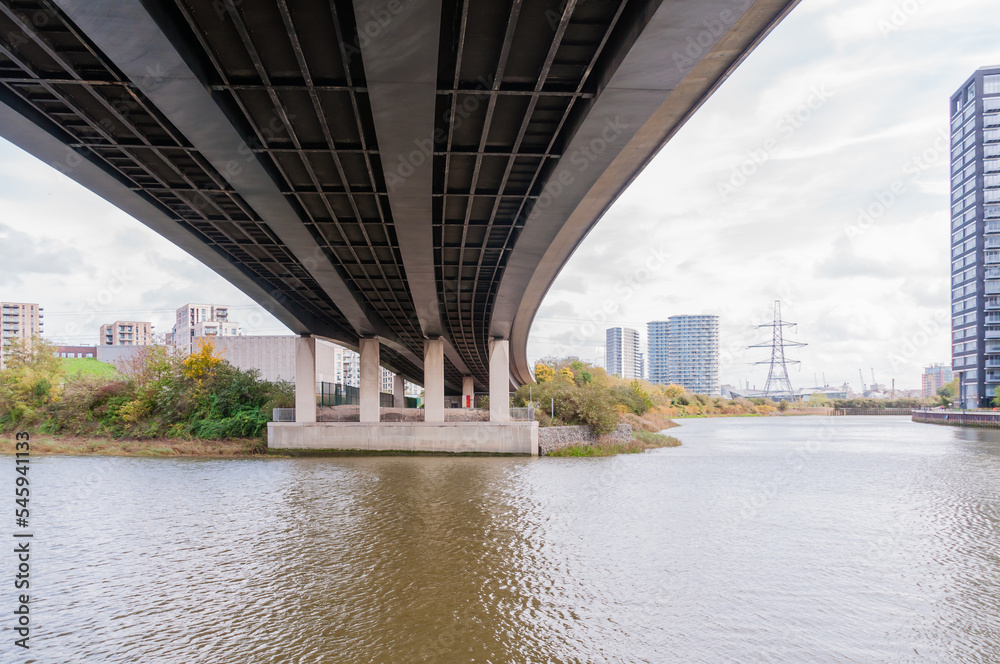 london, united kingdom, october 22, 2022: the lower Lea crossing bridge (a1020), canning town, london london, united kingdom, october 22, 2022: the lower Lea crossing bridge (a1020), canning town, london