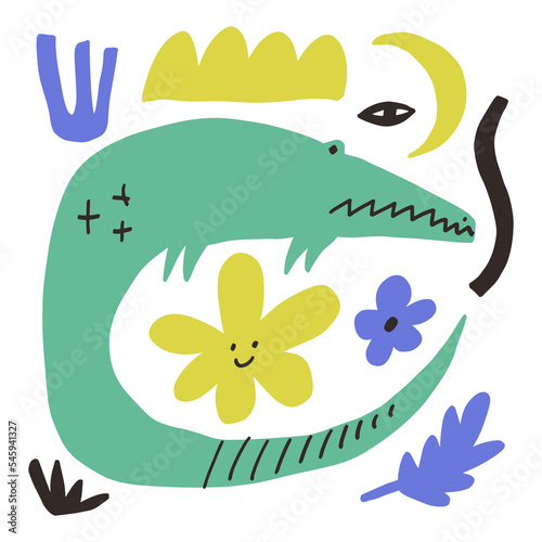 Green alligator hand drawn flat doodle vector illustration in Scandinavian style. Cute cartoon african exotic animal reptile. Funny groovy crocodile collage  tropical character in floral frame