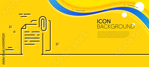 Document attachment line icon. Abstract yellow background. File with paper clip sign. Office note symbol. Minimal document attachment line icon. Wave banner concept. Vector
