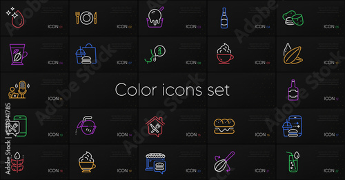 Set of Fast food, Food delivery and Coffee cup line icons. Include Water drop, Mint leaves, Potato icons. Gluten free, Burger, Ice cream web elements. Water glass, Coffee pot, Cappuccino cream. Vector