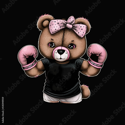 Teddy bear girl with pink bow on her head and boxing gloves in training vector illustration