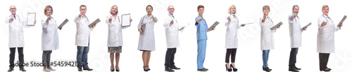 full length group of doctors with notepad isolated