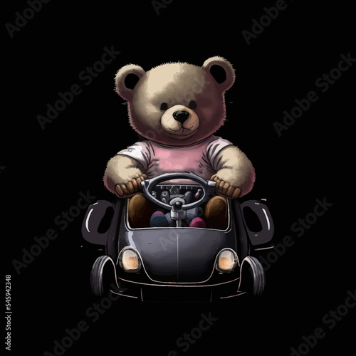 Bear in a car rides in a t-shirt vector illustration