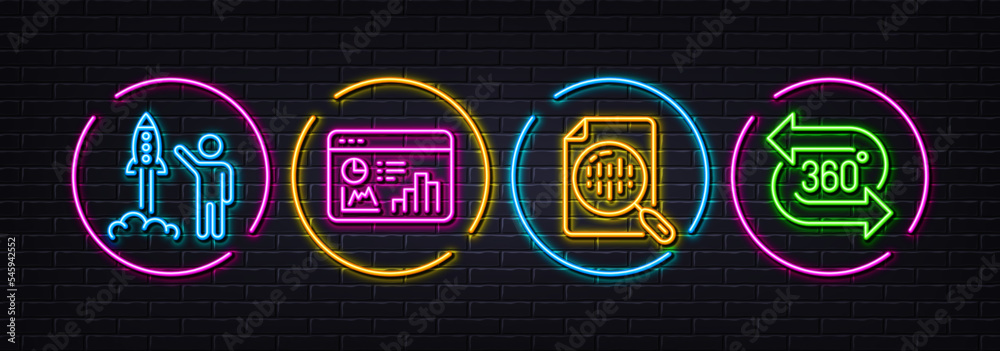 Analytics chart, Launch project and Seo statistics minimal line icons. Neon laser 3d lights. 360 degree icons. For web, application, printing. Vector