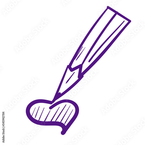 Doodle purple pencil draw heart. Line art vector icon on white background.