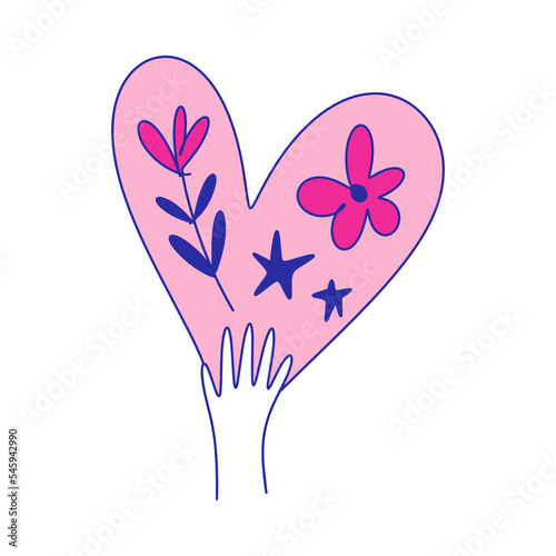 Absolute love, charity, philanthropy, compassion and kindness, growing blossom kind symbol concept. Hand-drawn doodle simple vector illustration. Hand holding floral heart with flowers. Drawing