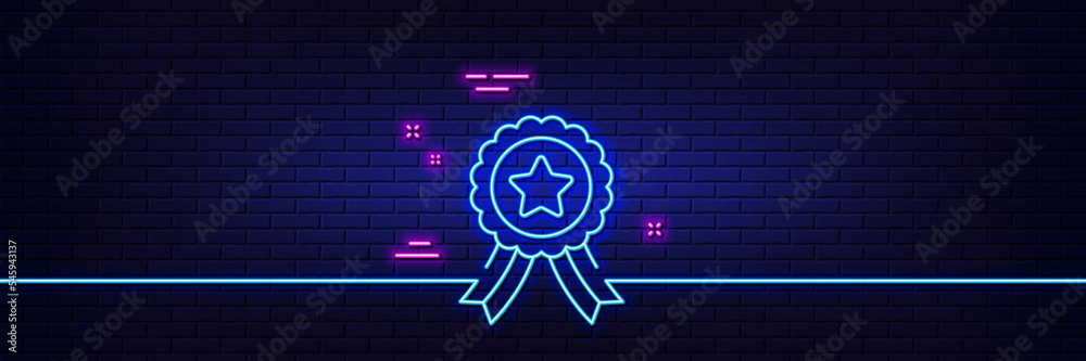 Neon light glow effect. Winner ribbon line icon. Award medal sign. Best achievement symbol. 3d line neon glow icon. Brick wall banner. Winner ribbon outline. Vector