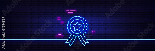 Neon light glow effect. Winner ribbon line icon. Award medal sign. Best achievement symbol. 3d line neon glow icon. Brick wall banner. Winner ribbon outline. Vector