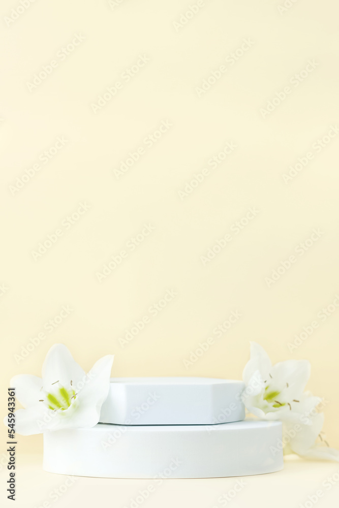 White podium for beauty cosmetics on beige background. Suitable for eco-friendly cosmetic products for face and body care. White podium for beauty cosmetics on beige background. Suitable for eco-friendly cosmetic products for face and body care.