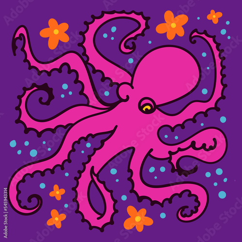 Blue flat doodle cartoon octopus  tentacles squid animal  hand drawn vector illustration isolated on white background. Sea and ocean character  aquatic marine life art. Floral childish collage groovy