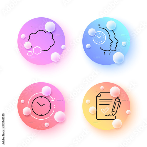 Time change, Talk bubble and Approved agreement minimal line icons. 3d spheres or balls buttons. Time management icons. For web, application, printing. Clock, Chat message, Signature document. Vector