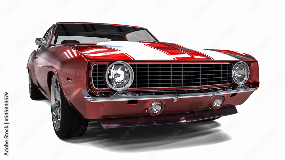 3D realistic illustration. Muscle red car rendering isolated on white background. Front perspective view. Vintage classic sport car.	