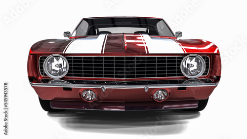 3D realistic illustration. Muscle red car rendering isolated on white background. Front perspective view. Vintage classic sport car.	