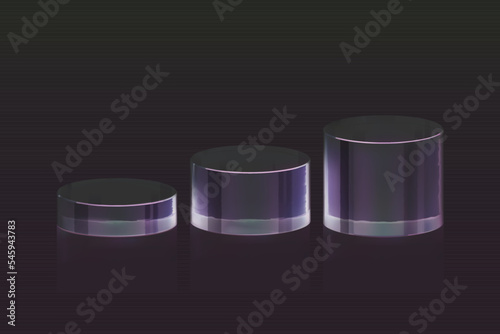3d glass podium on black background. Beauty product display cosmetic minimal scene. Vector cosmetic promotion stage.