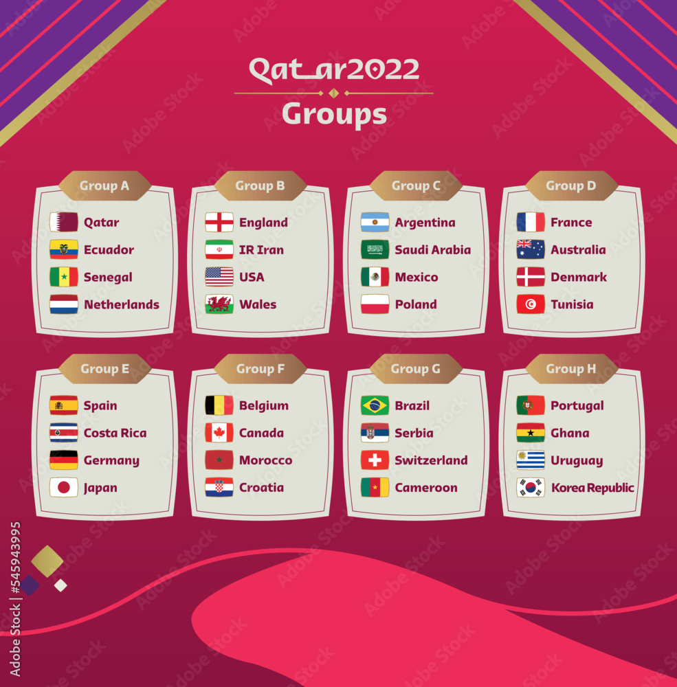 World Cup Qatar 2022 group stage official graphic template. Flags of the countries participating set. Vector illustration.