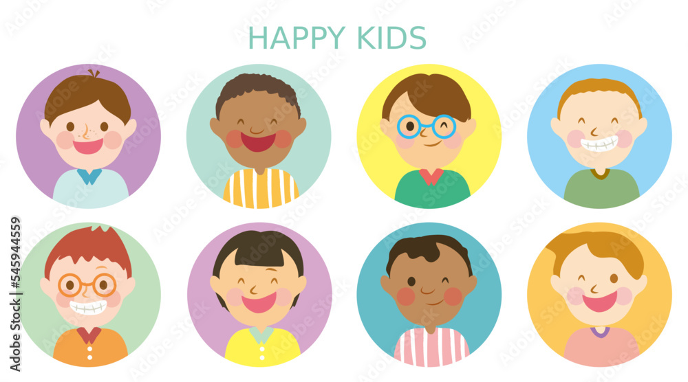 Set of 8 happy kids avatar. Collection of 8 school little boy happy face portrait. Happy talking with friend. Happy school student, Sets of children with round color brick background. Half body kids. Set of 8 happy kids avatar. Collection of 8 school little boy happy face portrait. Happy talking with friend. Happy school student, Sets of children with round color brick background. Half body kids.