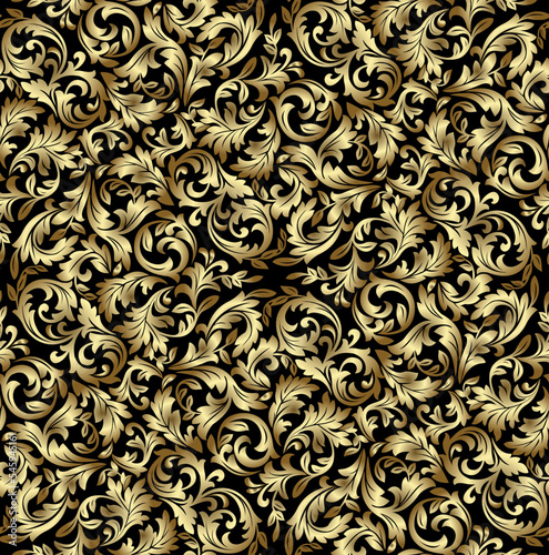 Wallpaper in the style of Baroque. Seamless vector background. Gold and black floral ornament. Graphic pattern for fabric, wallpaper, packaging. Ornate Damask flower ornament