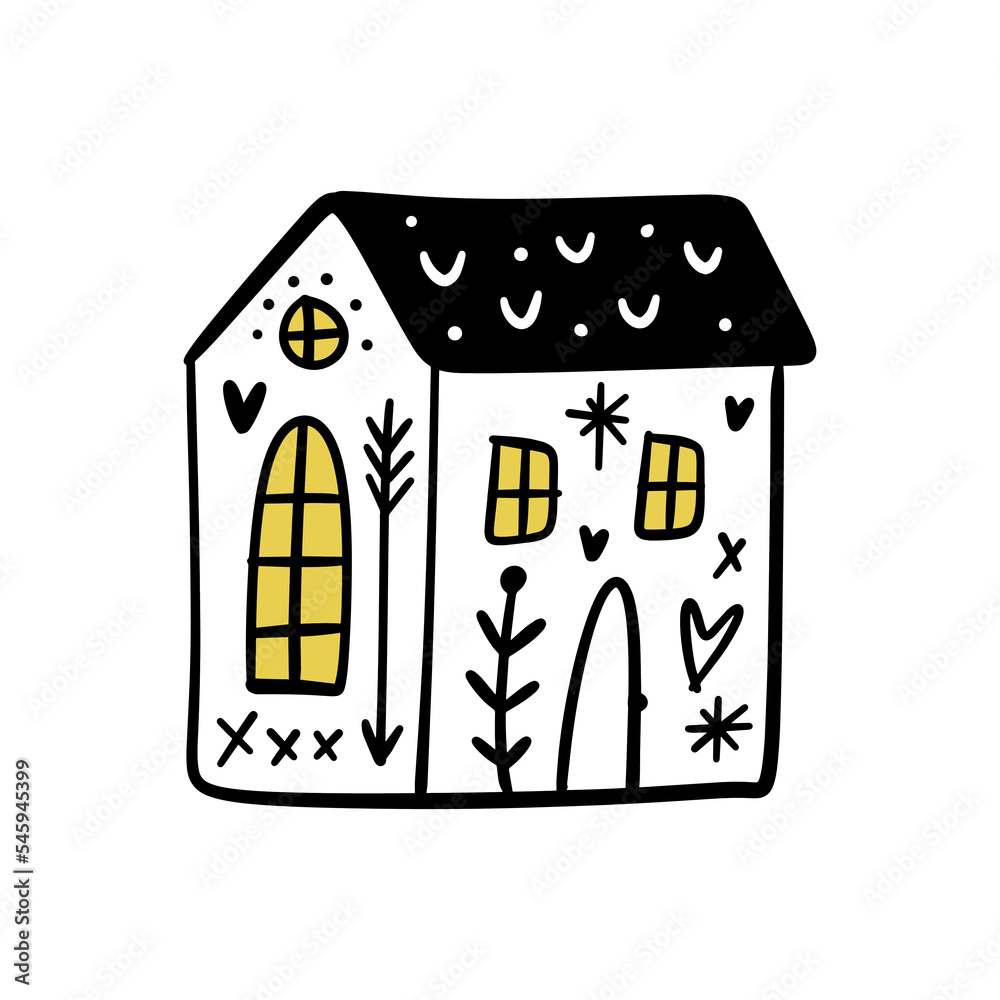 Fototapeta premium Cute little doodle cartoon house building flat vector clipart hand drawn illustration isolated on white background.