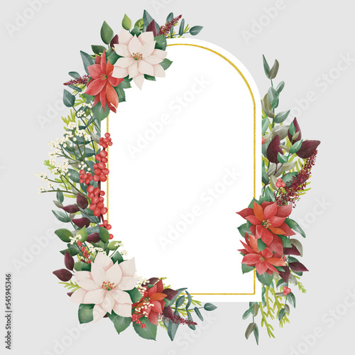 Fototapeta Naklejka Na Ścianę i Meble -  Watercolor christmas border, new year green spruce tree branches, leaf and Poinsettia Flowers. Frame vignette with a bouquet of flowers. Border, background. Perfect for invitation cards, print