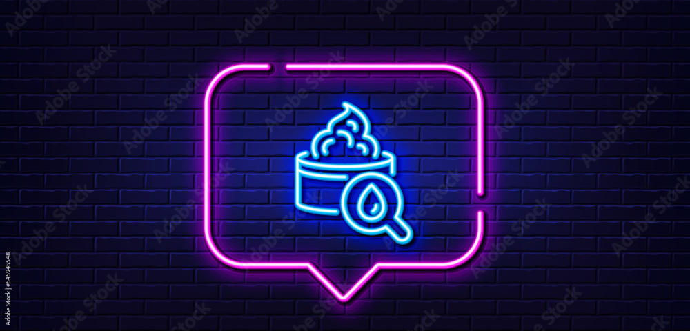 Neon light speech bubble. Moisturizing face cream line icon. Skin care sign. Cosmetic lotion symbol. Neon light background. Moisturizing cream glow line. Brick wall banner. Vector