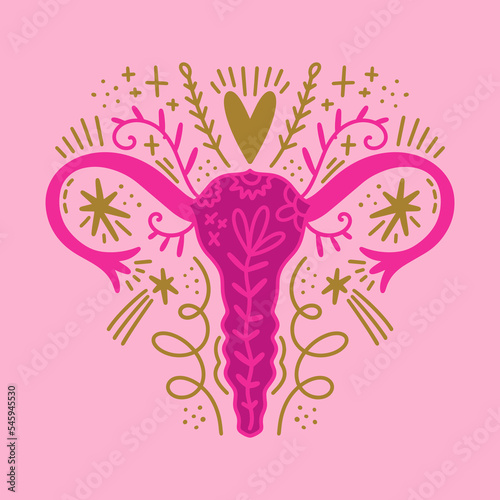 Woman blossom reproductive system anatomy, flat vector clipart banner template isolated on white background. Beautiful magic women sacred cycle concept. Flowers and floral decor elements.