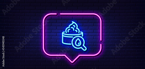 Neon light speech bubble. Moisturizing face cream line icon. Skin care sign. Cosmetic lotion symbol. Neon light background. Moisturizing cream glow line. Brick wall banner. Vector