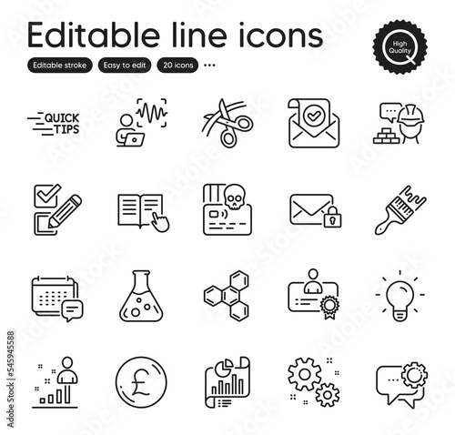 Set of Education outline icons. Contains icons as Certificate, Chemical formula and Read instruction elements. Build, Pound money, Education web signs. Brush, Cyber attack, Stats elements. Vector