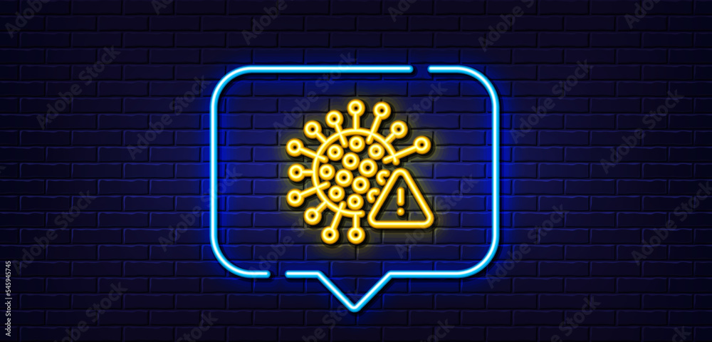 Neon light speech bubble. Coronavirus line icon. Covid virus sign. Infection alert symbol. Neon light background. Covid virus glow line. Brick wall banner. Vector Neon light speech bubble. Coronavirus line icon. Covid virus sign. Infection alert symbol. Neon light background. Covid virus glow line. Brick wall banner. Vector